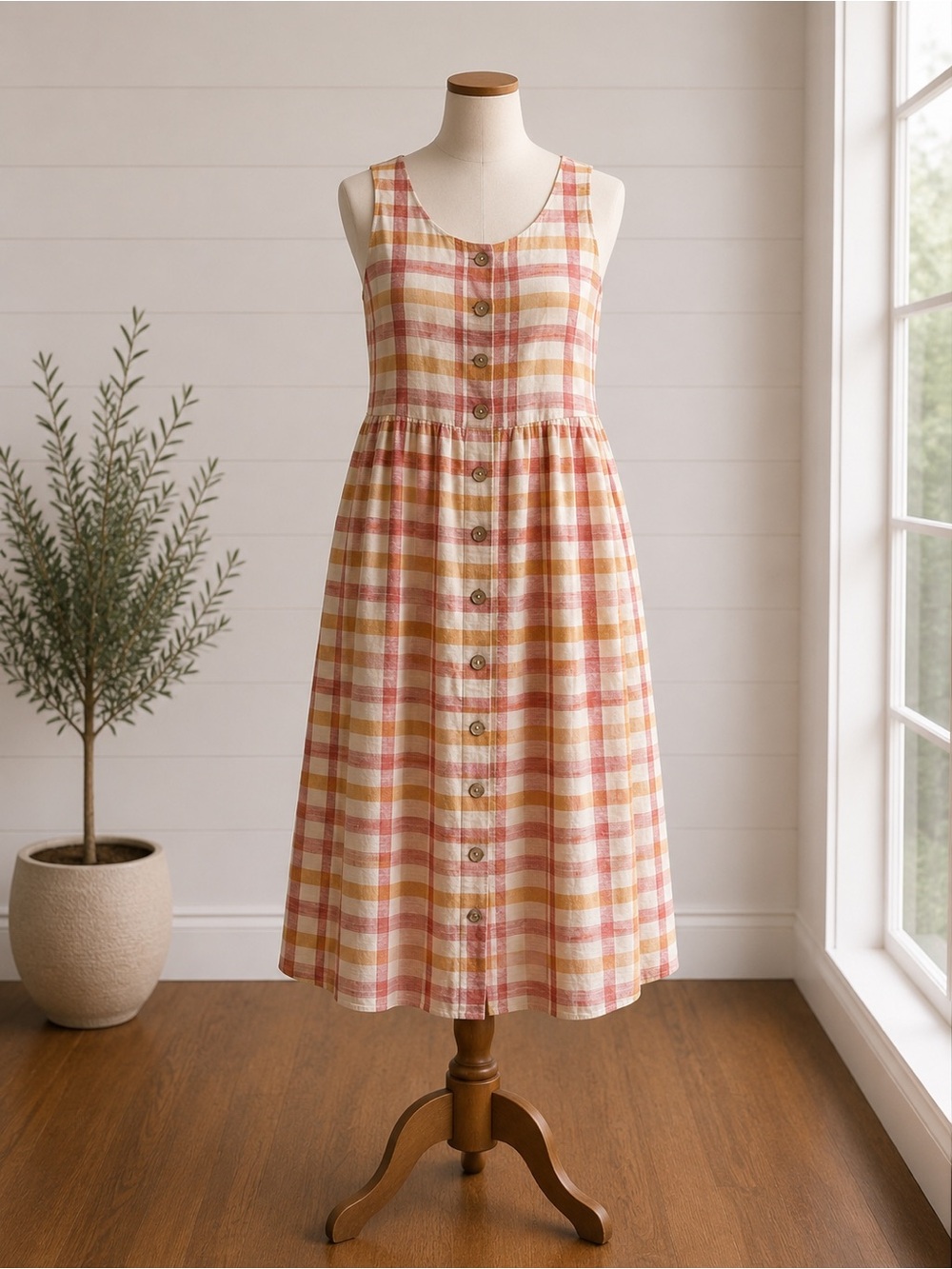 Urban Outfitters Pink, Orange & Cream Plaid Midi Button Dress